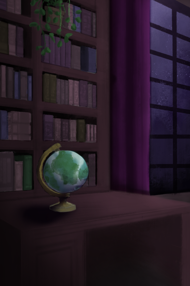 Art of a library. The library is dark and lovely, with purple curtains, a globe, a book, and an ornate lamp.