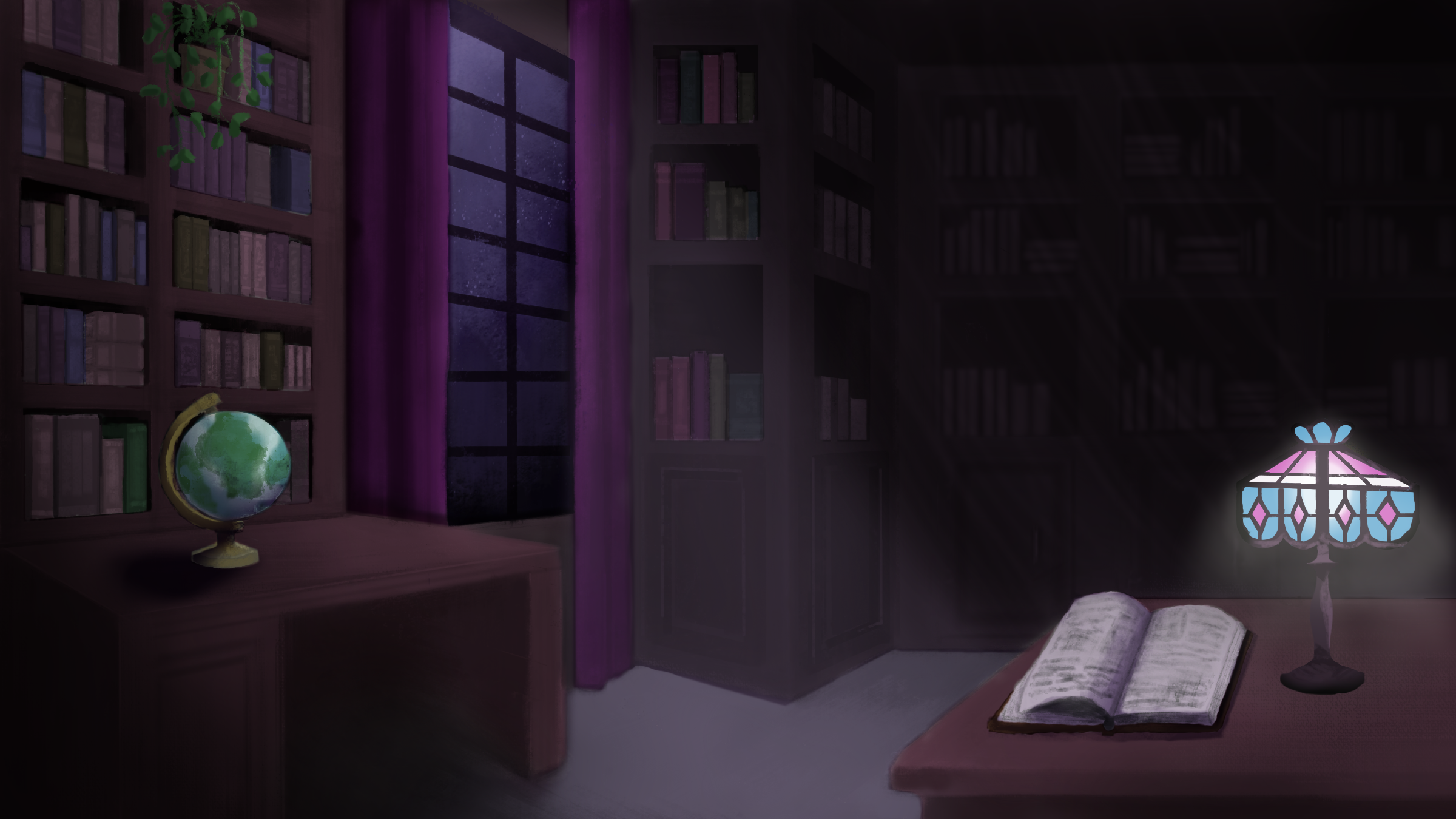 Art of a library. The library is dark and lovely, with purple curtains, a globe, a book, and an ornate lamp.
