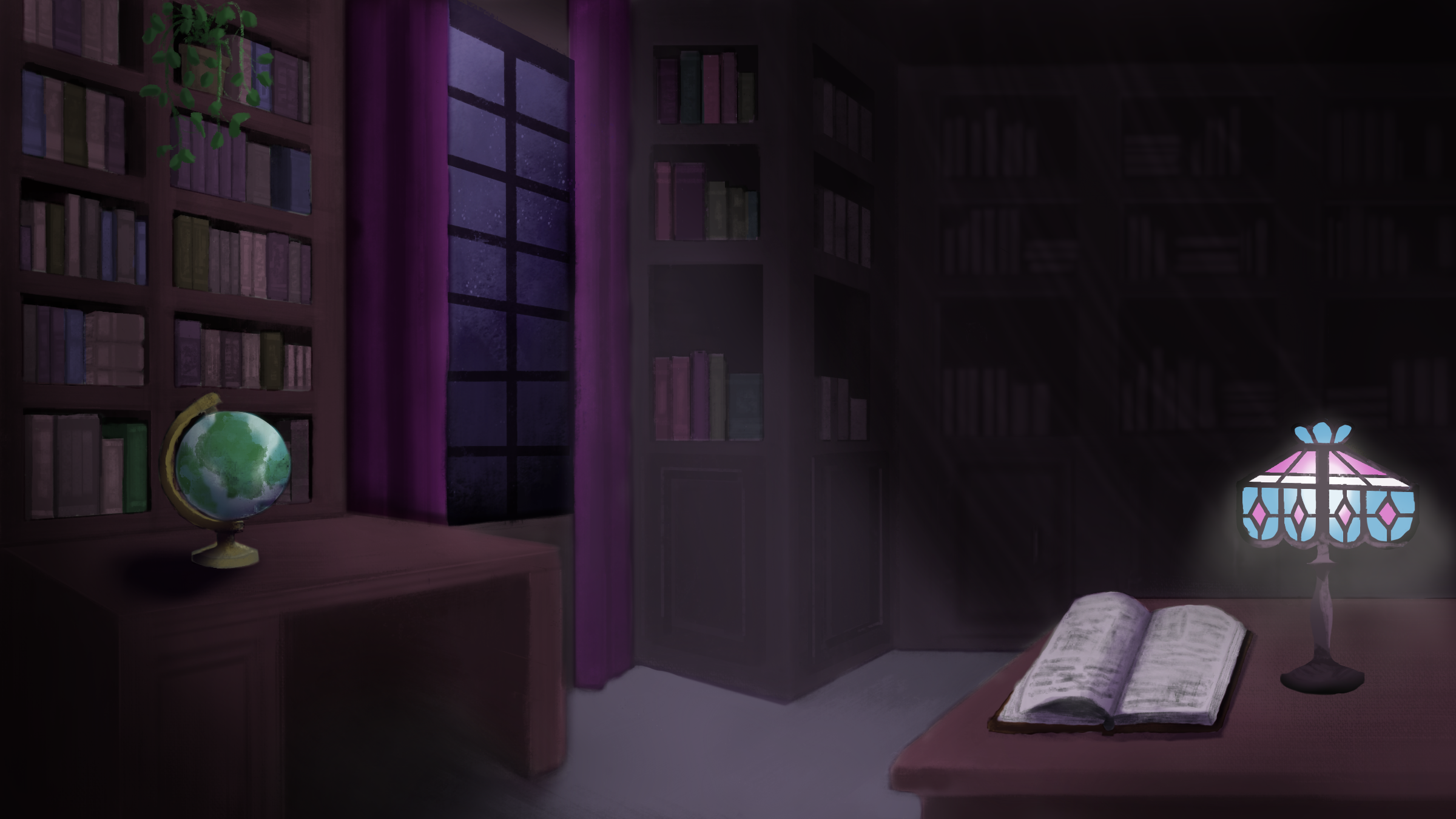 An artistic rendering of a dark library with an open book and lit lamp on a table.